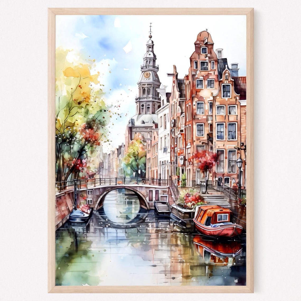 Amsterdam Canal Gabled Brick Houses Bridge Boat Watercolor Poster