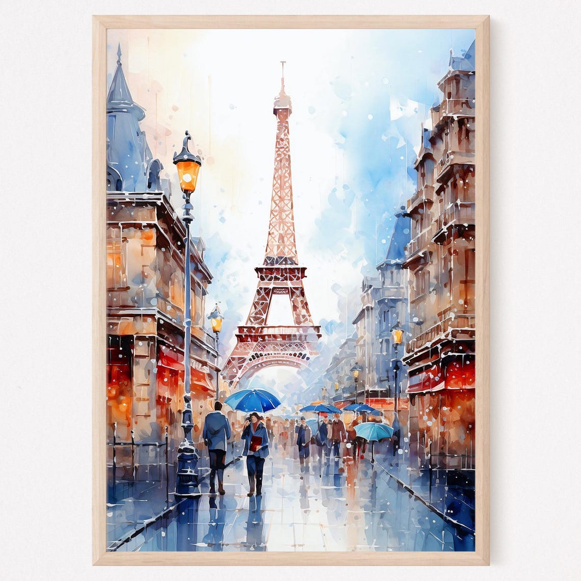 Eiffel Tower Paris Watercolor Rainy Street Blue Umbrellas Art Poster