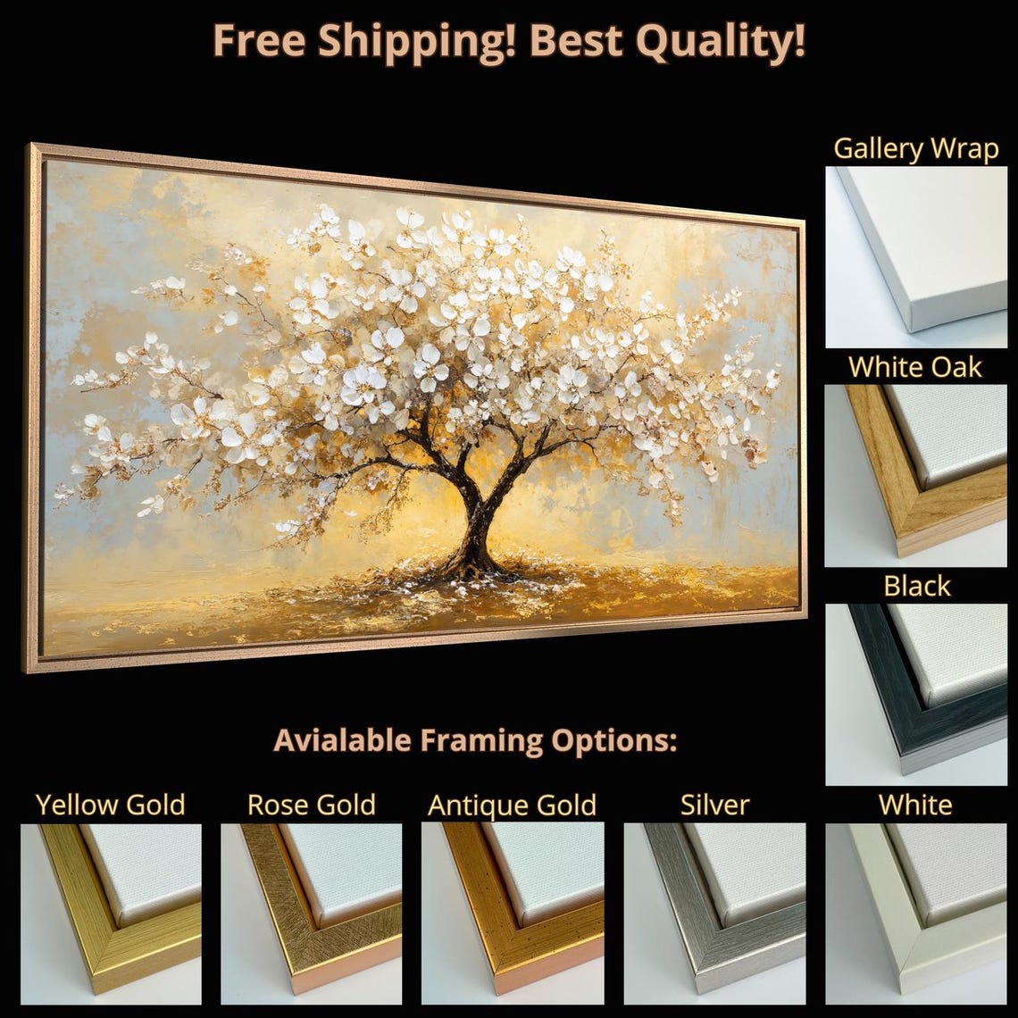 White Cherry Blossom Tree Gold Abstract Painting Panoramic Wall Poster - Image 5