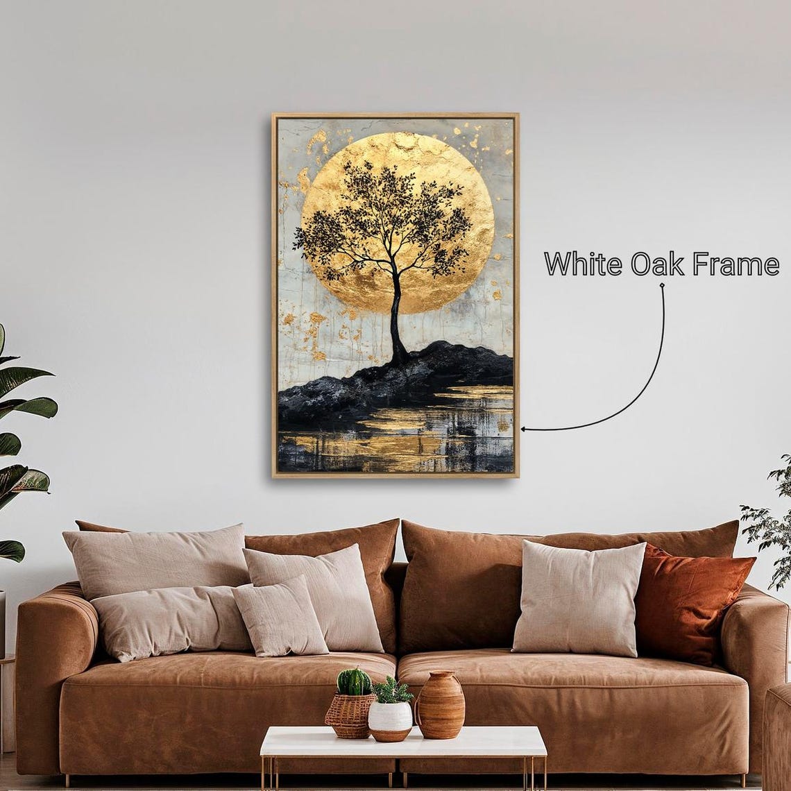 Black Tree Silhouette Gold Full Moon Reflective Water Art Print - Image 4