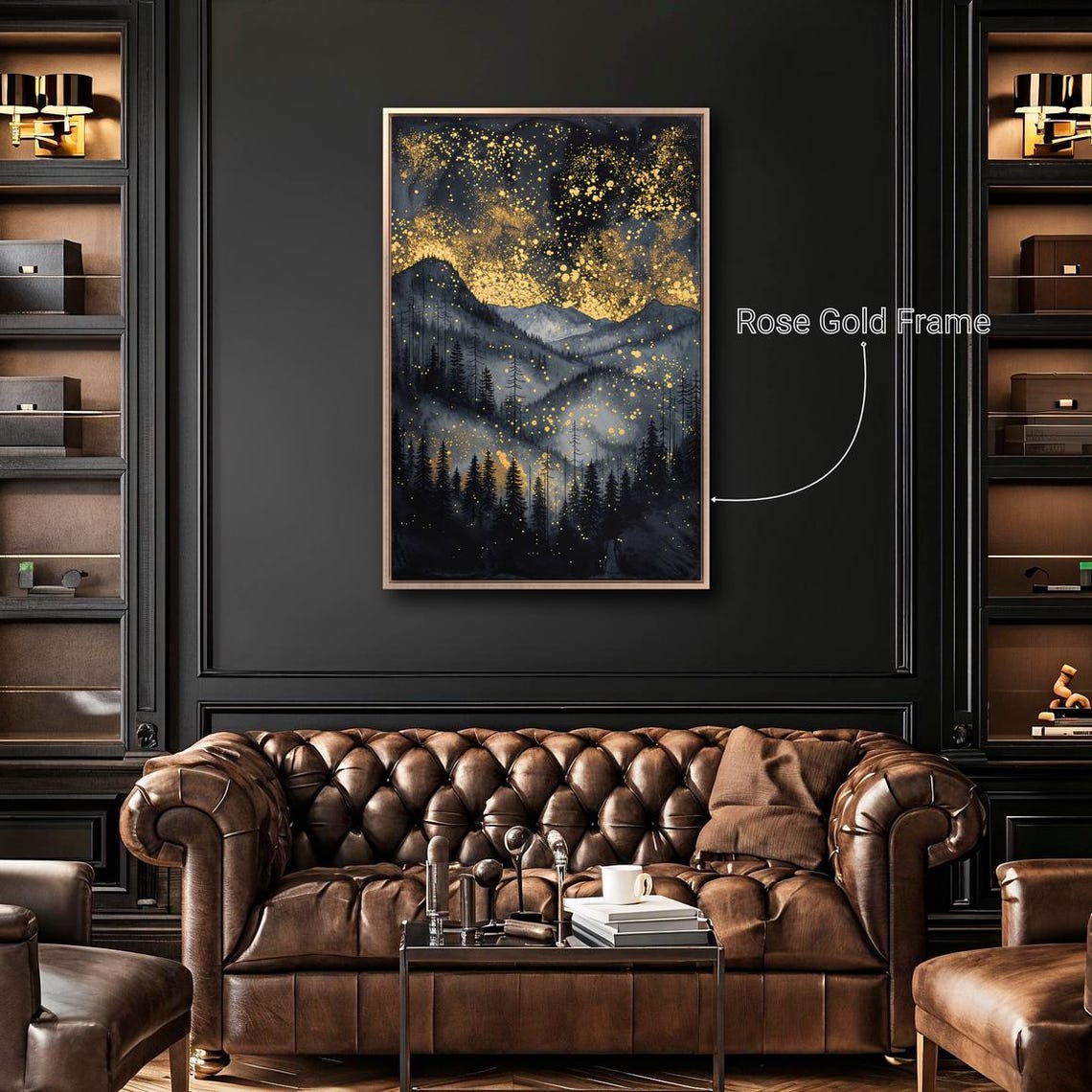 Misty Mountain Forest Golden Starry Sky Mystic Night Landscape Poster - Image 5