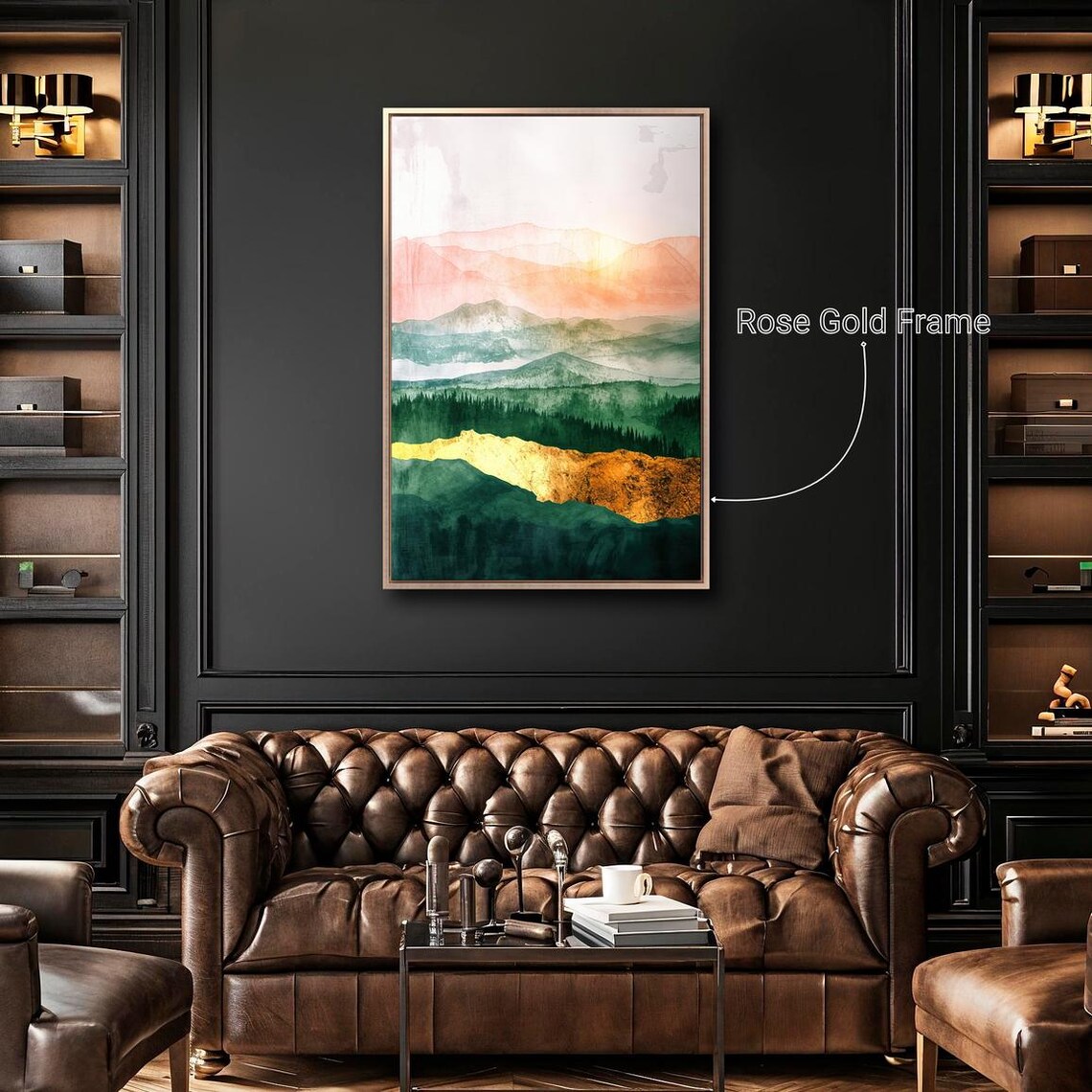 Misty Mountain Forest Layers Orange Green Gold Watercolor Poster - Image 3