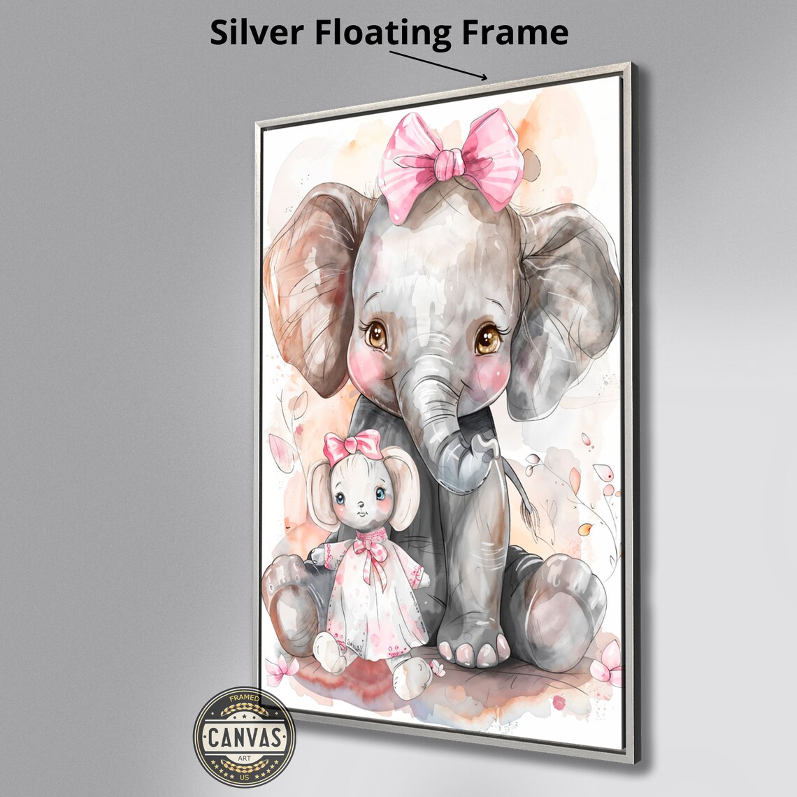 Baby Elephant And Mouse Pink Bow Watercolor Nursery Friendship Poster - Image 2