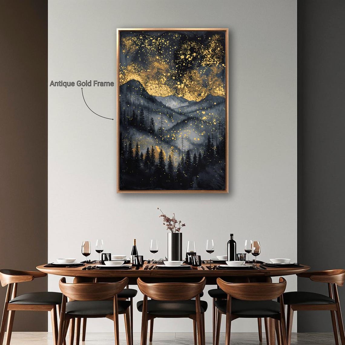 Misty Mountain Forest Golden Starry Sky Mystic Night Landscape Poster - Image 3