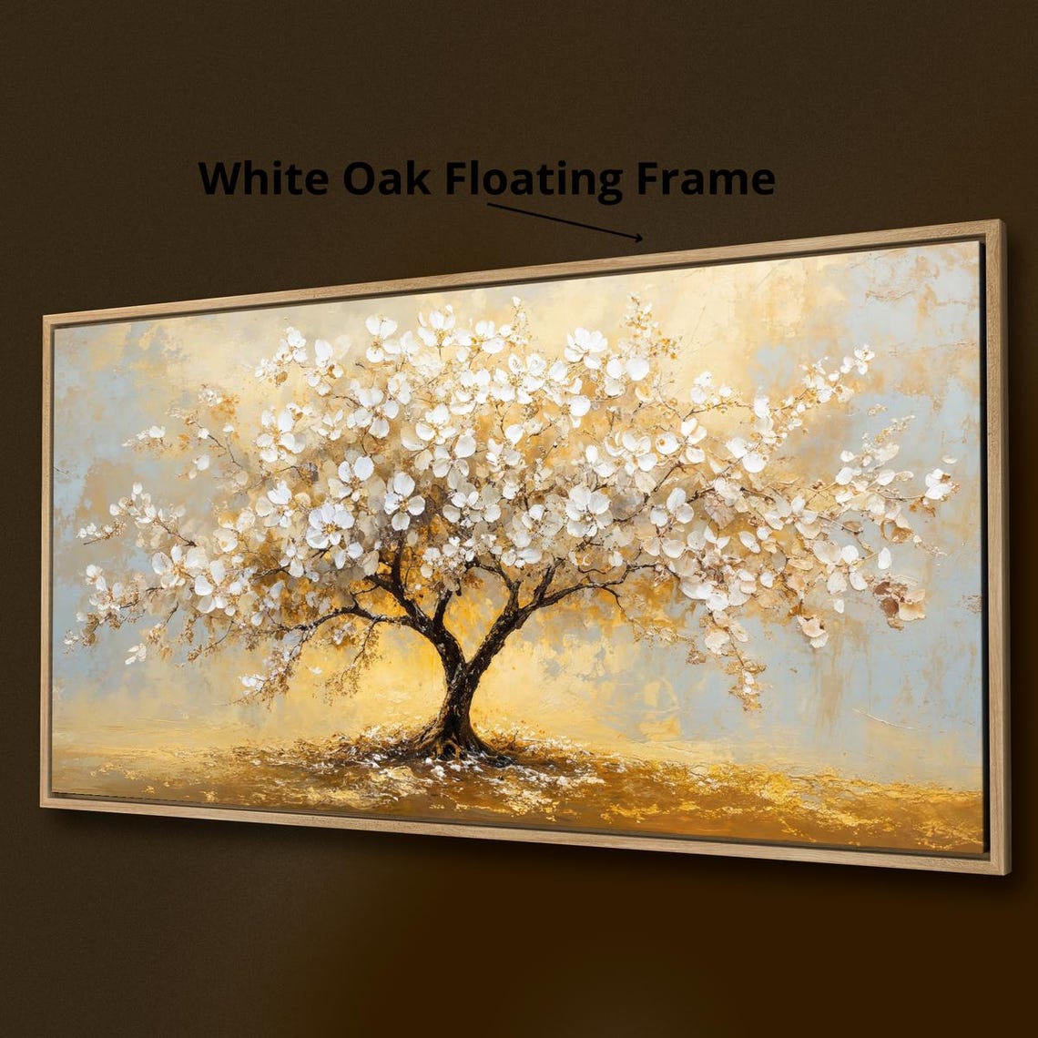 White Cherry Blossom Tree Gold Abstract Painting Panoramic Wall Poster - Image 3