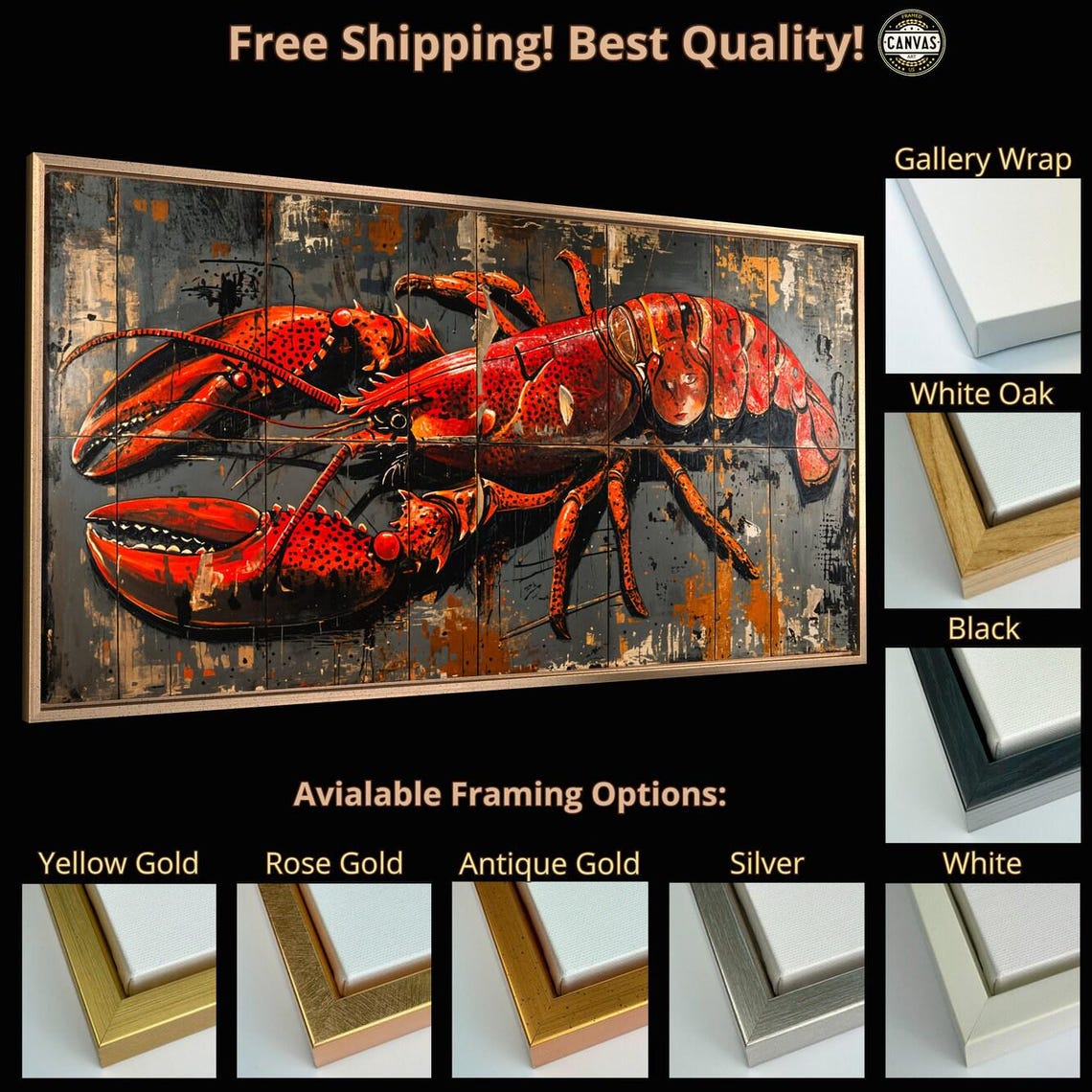 Red Lobster Painting Rustic Wood Planks Panoramic Seafood Wall Poster - Image 5