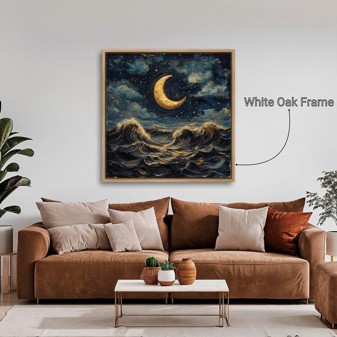 Golden Crescent Moon Over Dark Ocean Waves Night Seascape Wall Poster - Image 3
