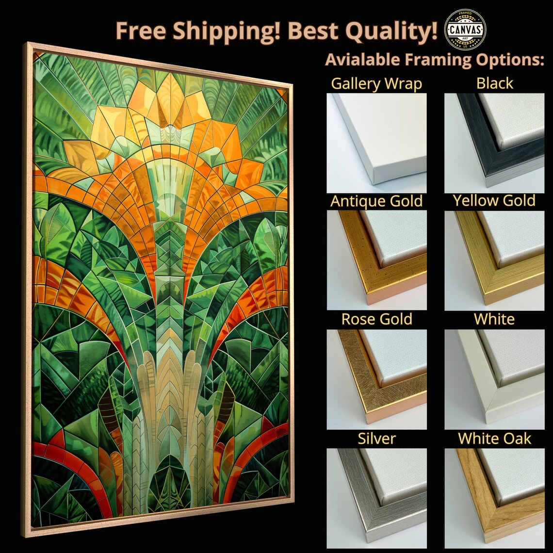 Emerald Green Orange Mosaic Stained Glass Tropical Deco Art Print - Image 5