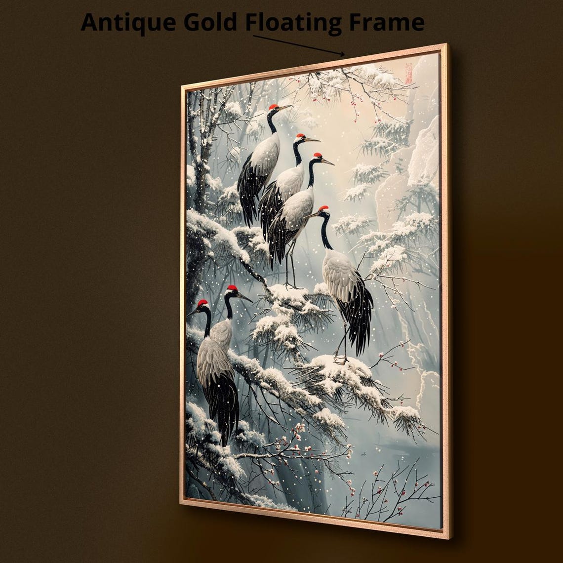 Red Crowned Cranes Snowy Pine Tree Japanese Winter Wildlife Poster - Image 3