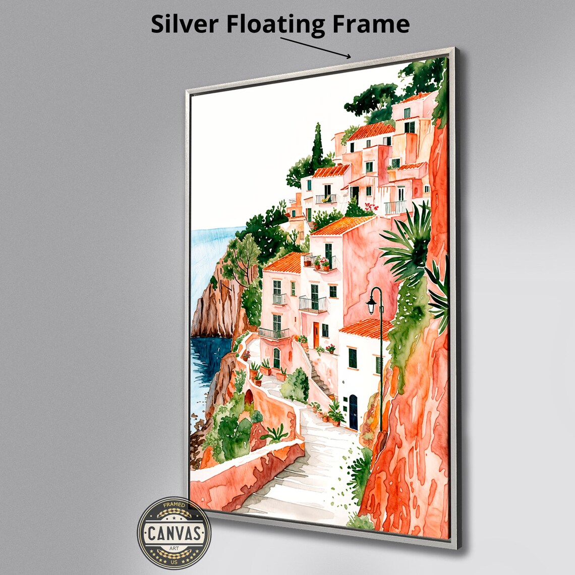 Sunny Mediterranean Coastal Village Cliff Watercolor Travel Poster - Image 2