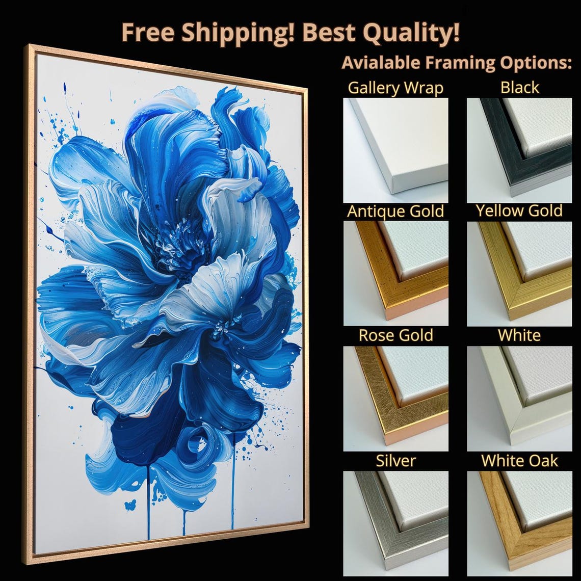 Abstract Blue Flower Bold Brushstrokes Modern Botanical Wall Art Print - Image 4