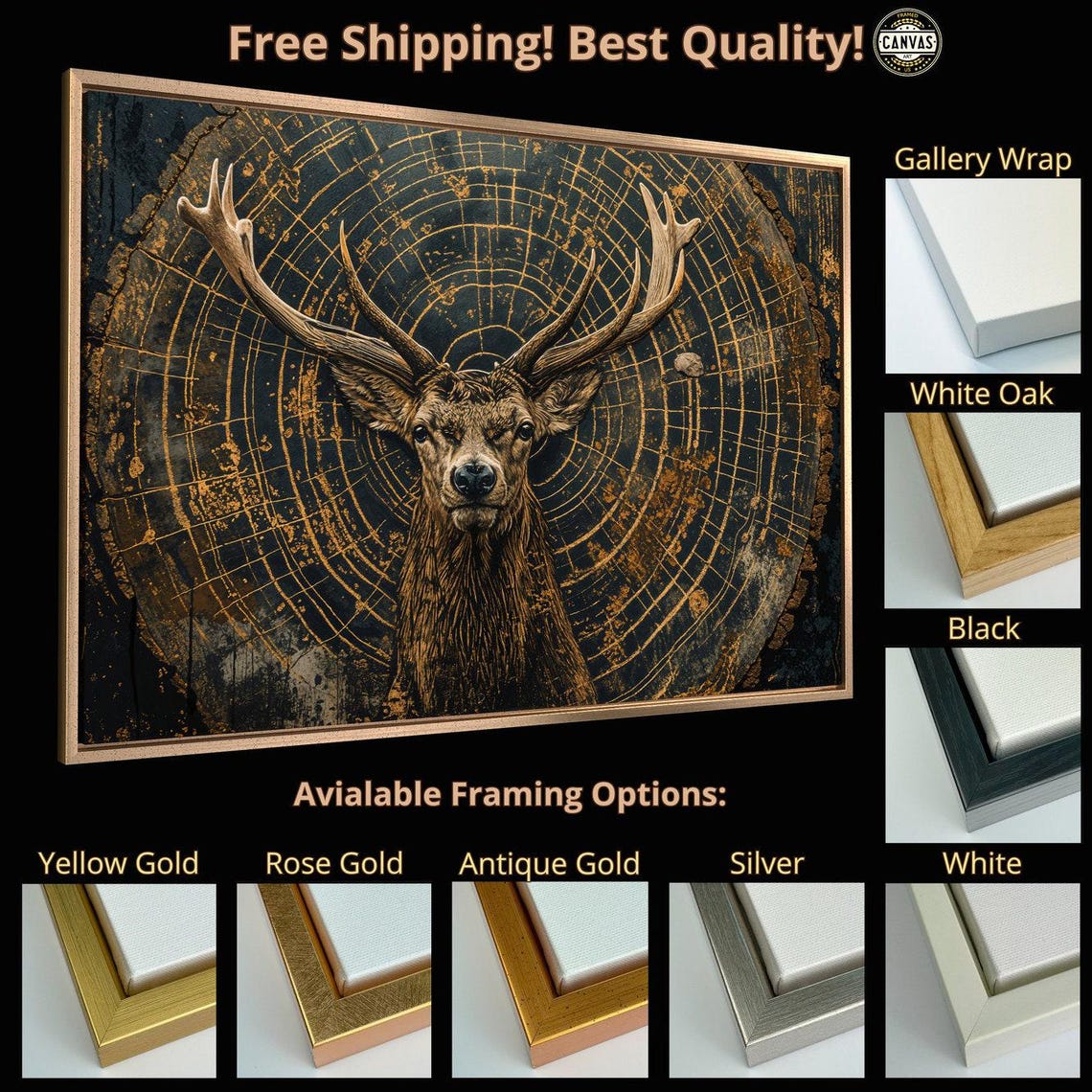 Mystical Stag Before Golden Tree Rings Enigmatic Wildlife Art Poster - Image 4