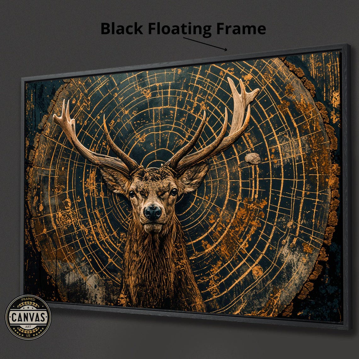 Mystical Stag Before Golden Tree Rings Enigmatic Wildlife Art Poster - Image 3