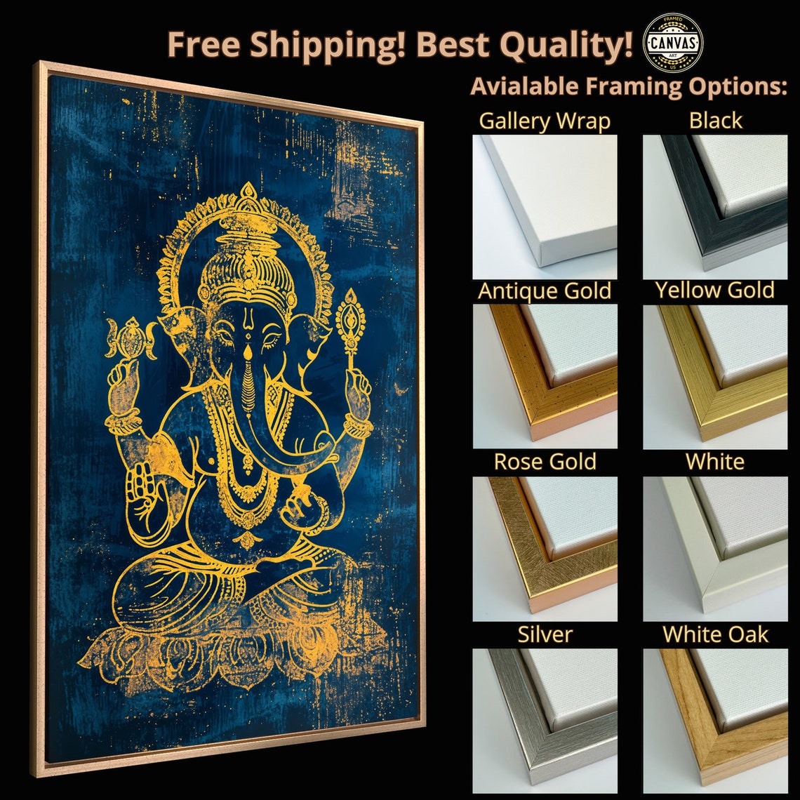 Golden Lord Ganesha Seated Hindu Deity On Deep Blue Wall Poster - Image 5
