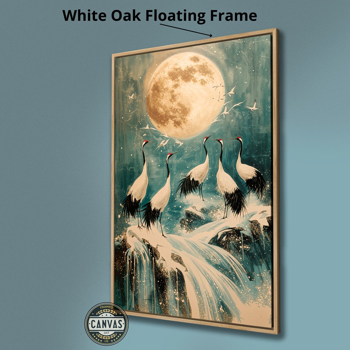 Moonlit Cranes Standing Golden Full Moon Waterfall Night Sky Poster - Image 3