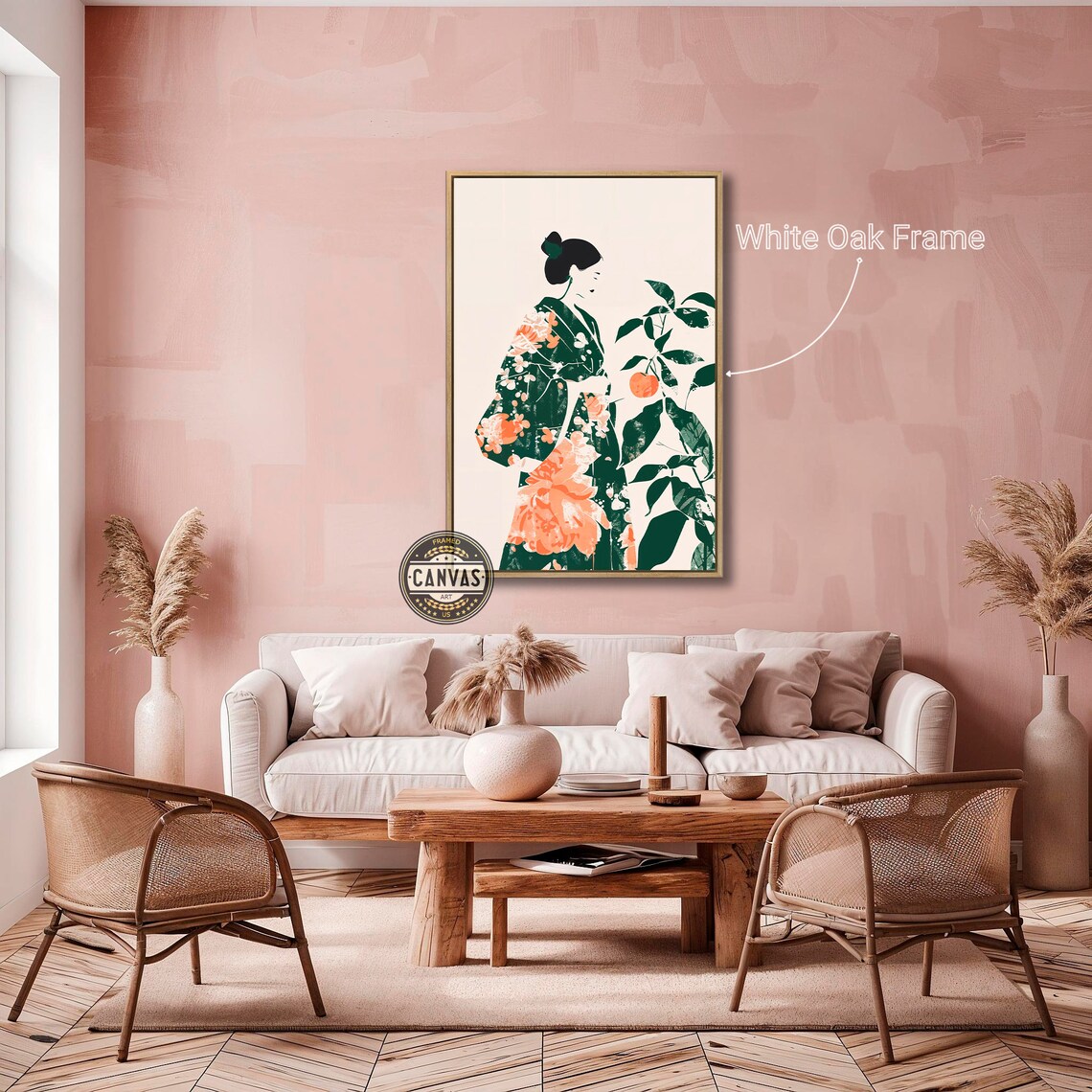 Japanese Woman In Green Floral Kimono Minimalist Asian Wall Poster - Image 3