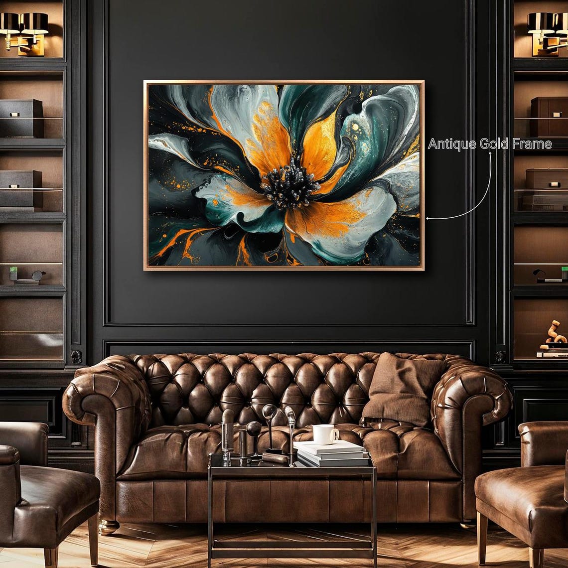 Gorgeous Abstract Fluid Flower Black Teal Orange Gold Bloom Art Print - Image 4