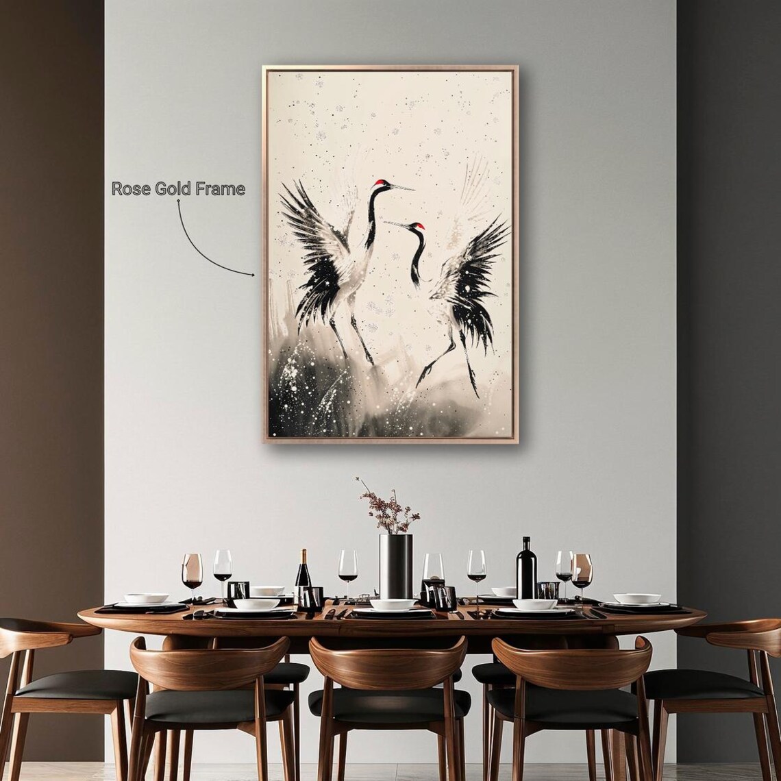 Dancing Cranes Japanese Ink Wash Black White Oriental Bird Art Poster - Image 2