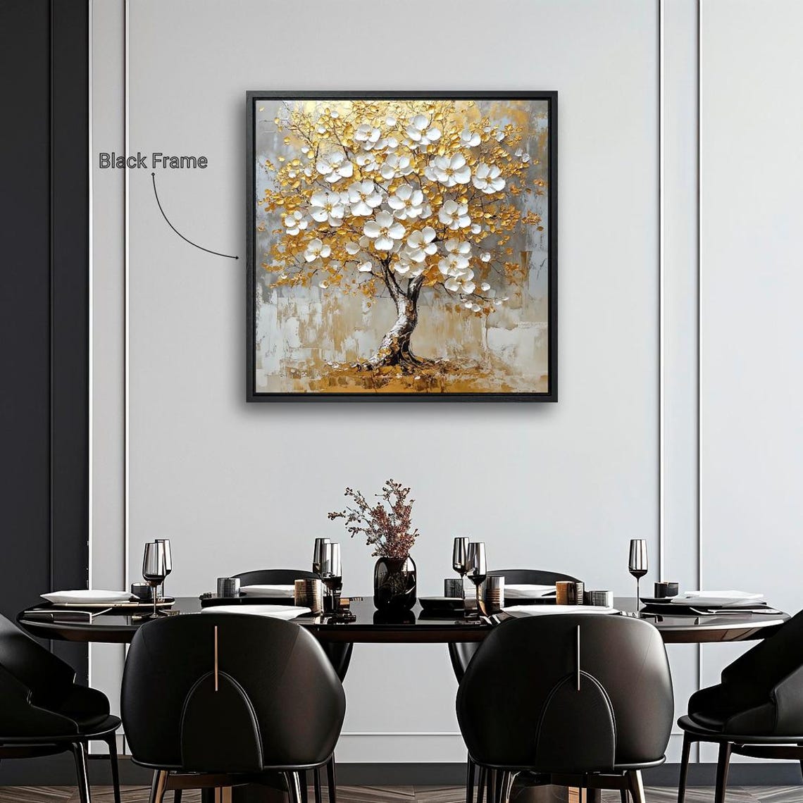 Golden Tree With White Blossoms Textured Impasto Abstract Wall Poster - Image 2