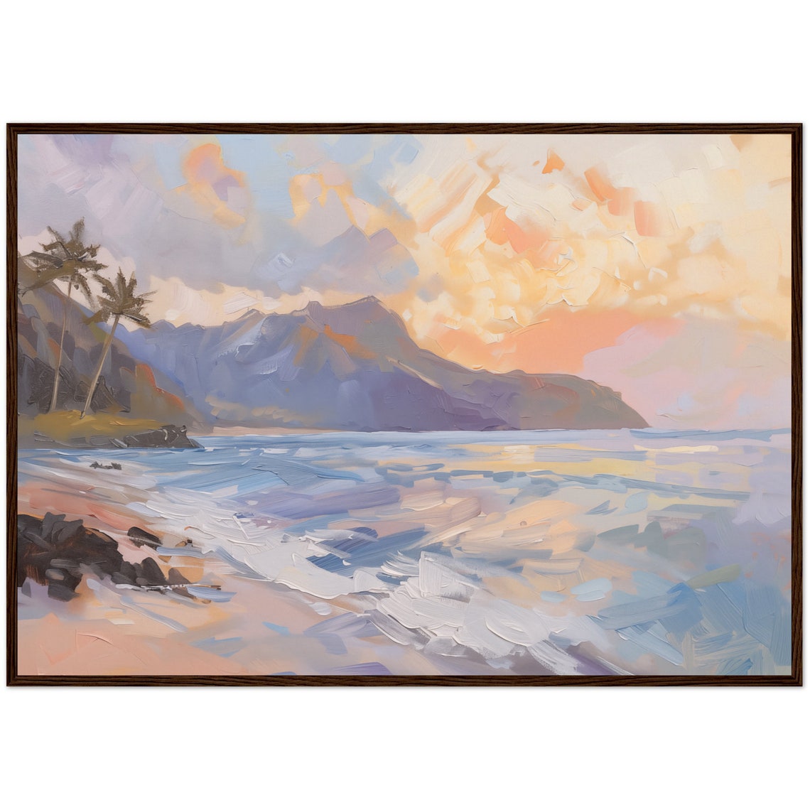 Hawaii Sunset Beach Palm Trees Warm Rustic Oil Painting Poster