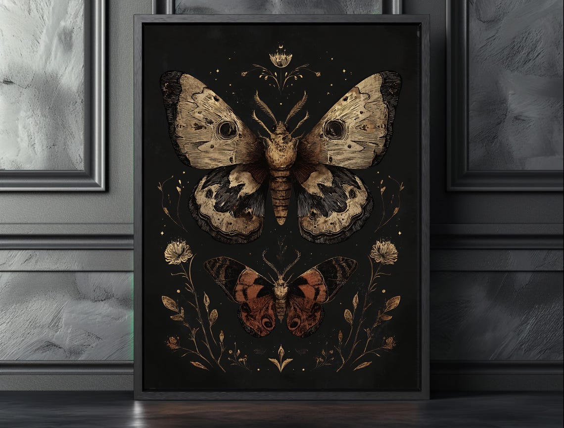 Moth Wall Art Dark Botanical Insect Print Gothic Nature Poster Vintage Entomology Decor Witchy Canvas