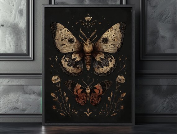 Moth Wall Art Dark Botanical Insect Print Gothic Nature Poster Vintage Entomology Decor Witchy Canvas