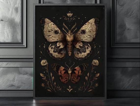 Vintage Moth Illustration Dark Botanical Gothic Night Poster
