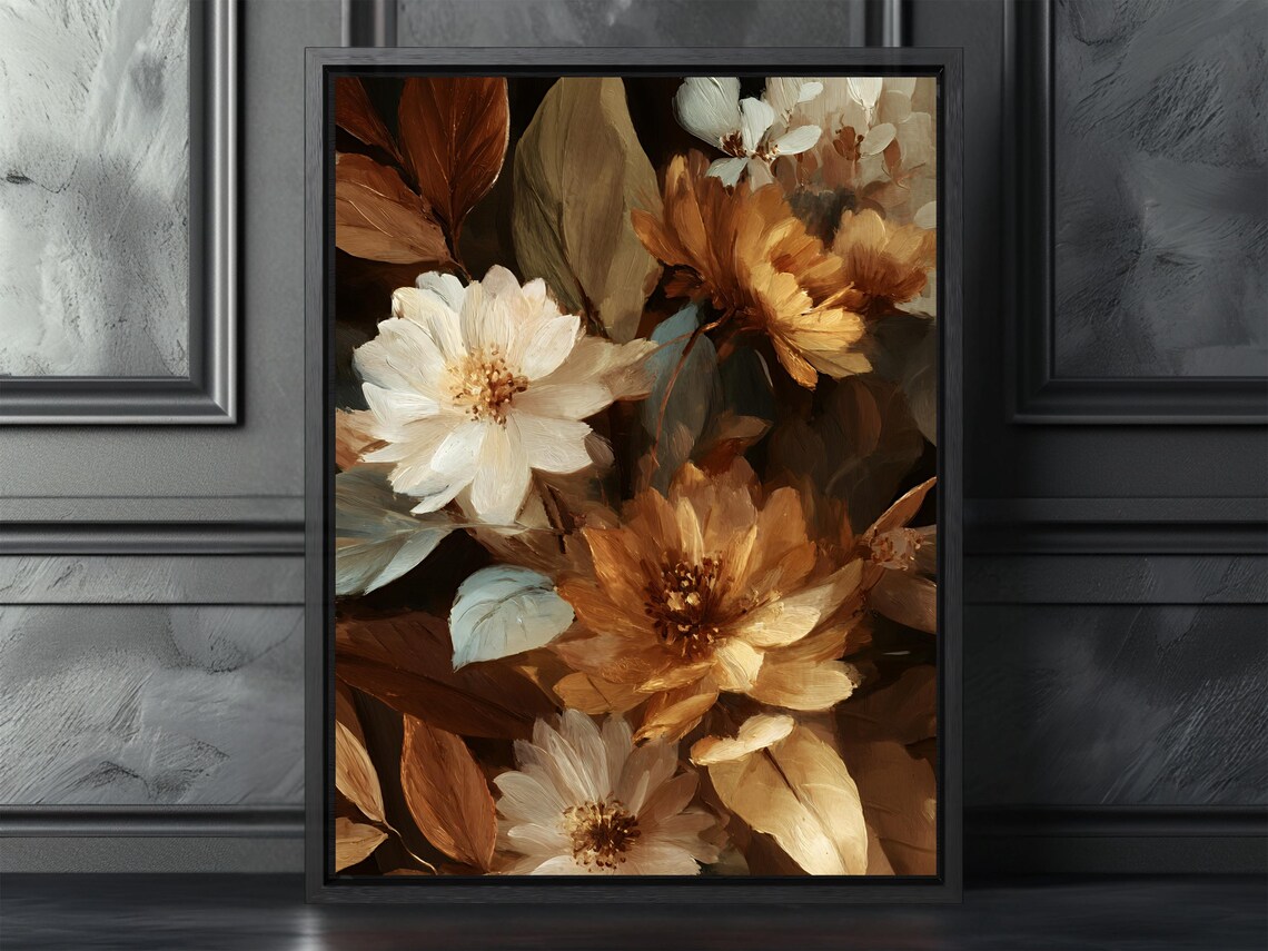 Classic Autumn Floral Canvas White Amber Blooms Warm Vintage Poster