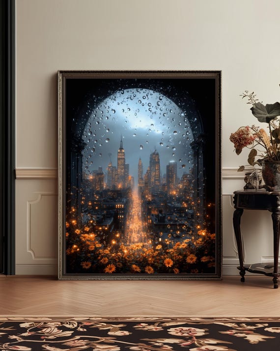 New York City Rainy Night Empire State Building View Art Poster