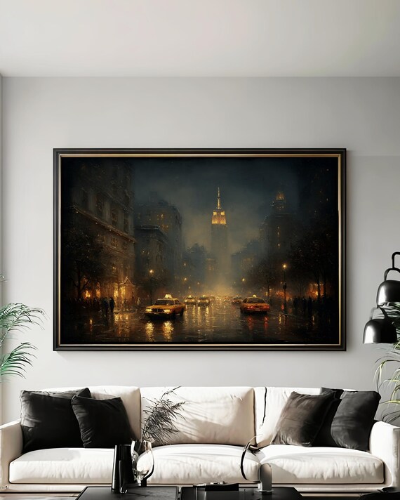 Moody New York City Night Yellow Taxis Rainy Street Empire State Poster