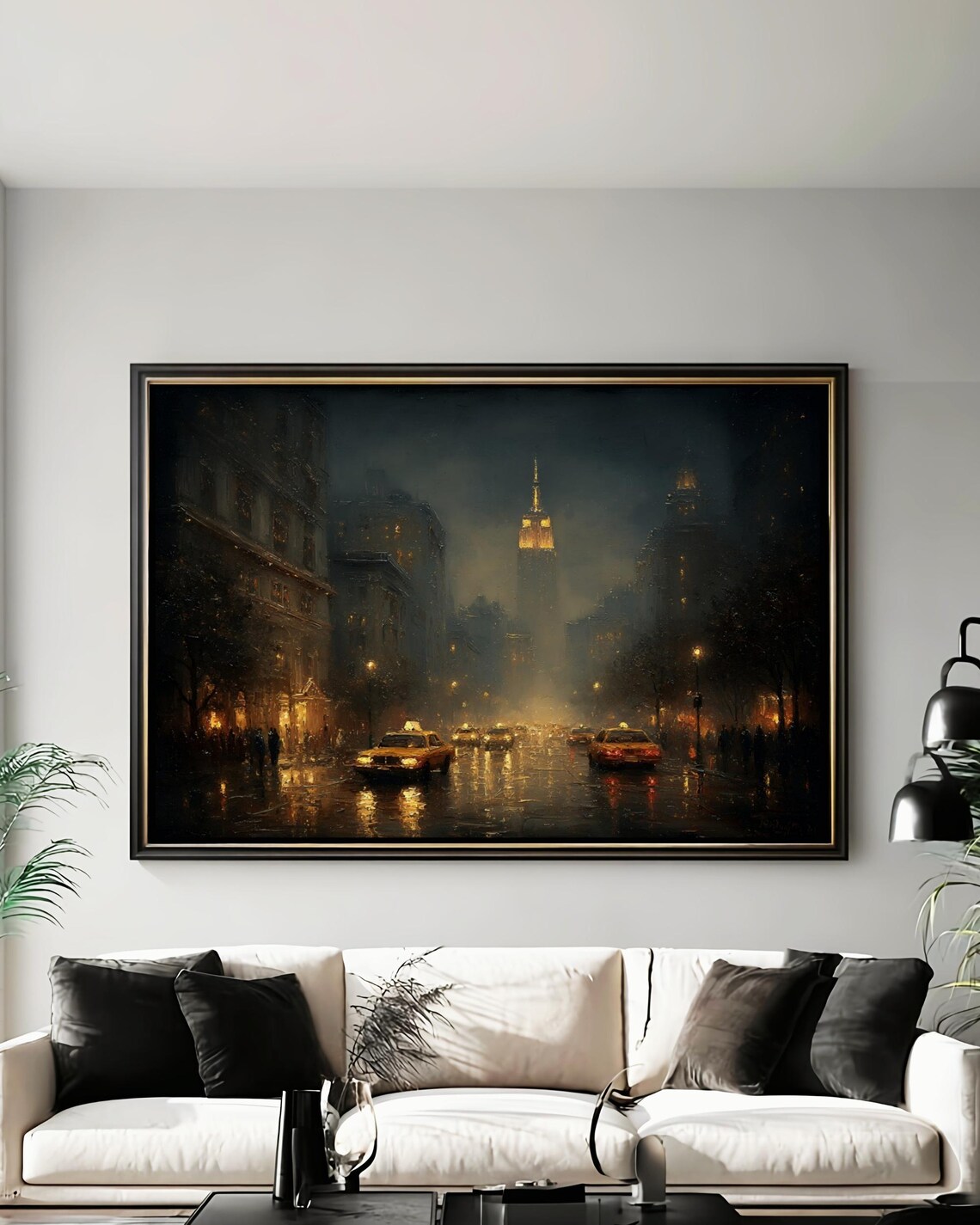 Moody New York City Night Yellow Taxis Rainy Street Empire State Poster