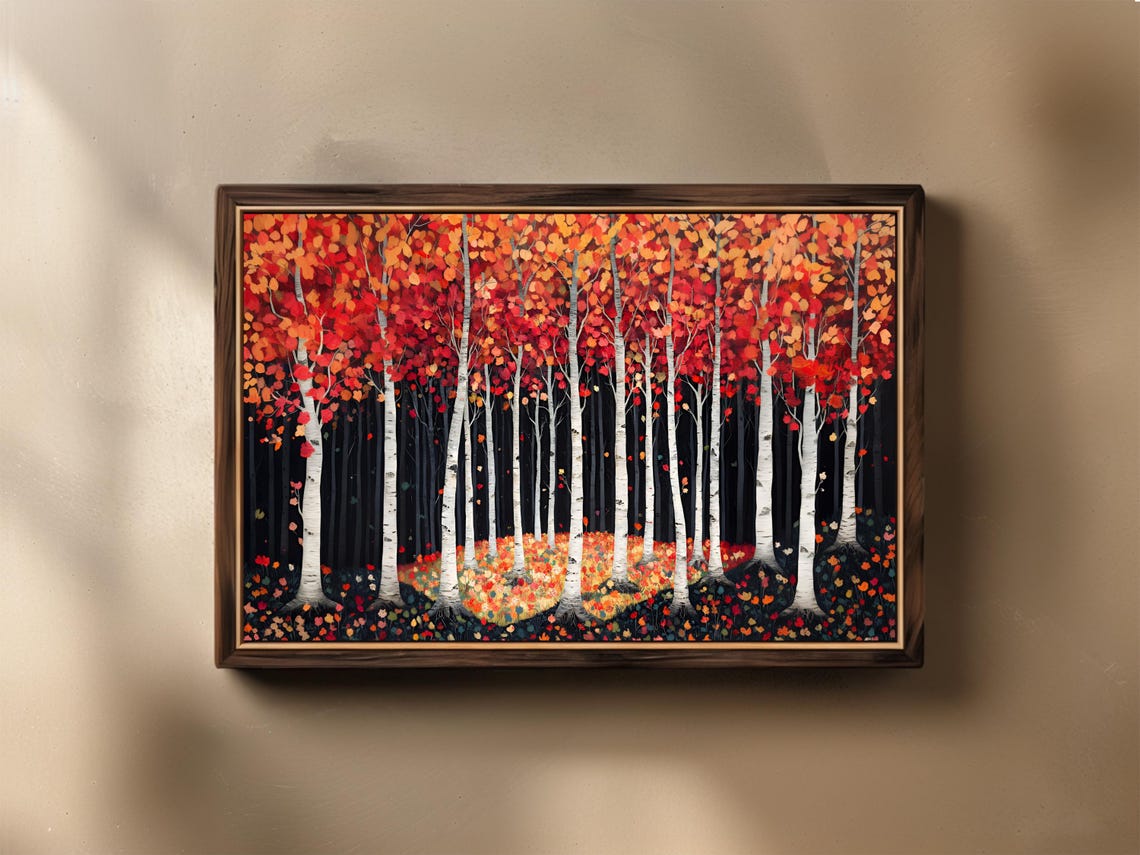 Autumn Birch Forest Landscape Painting Red Orange Foliage Poster
