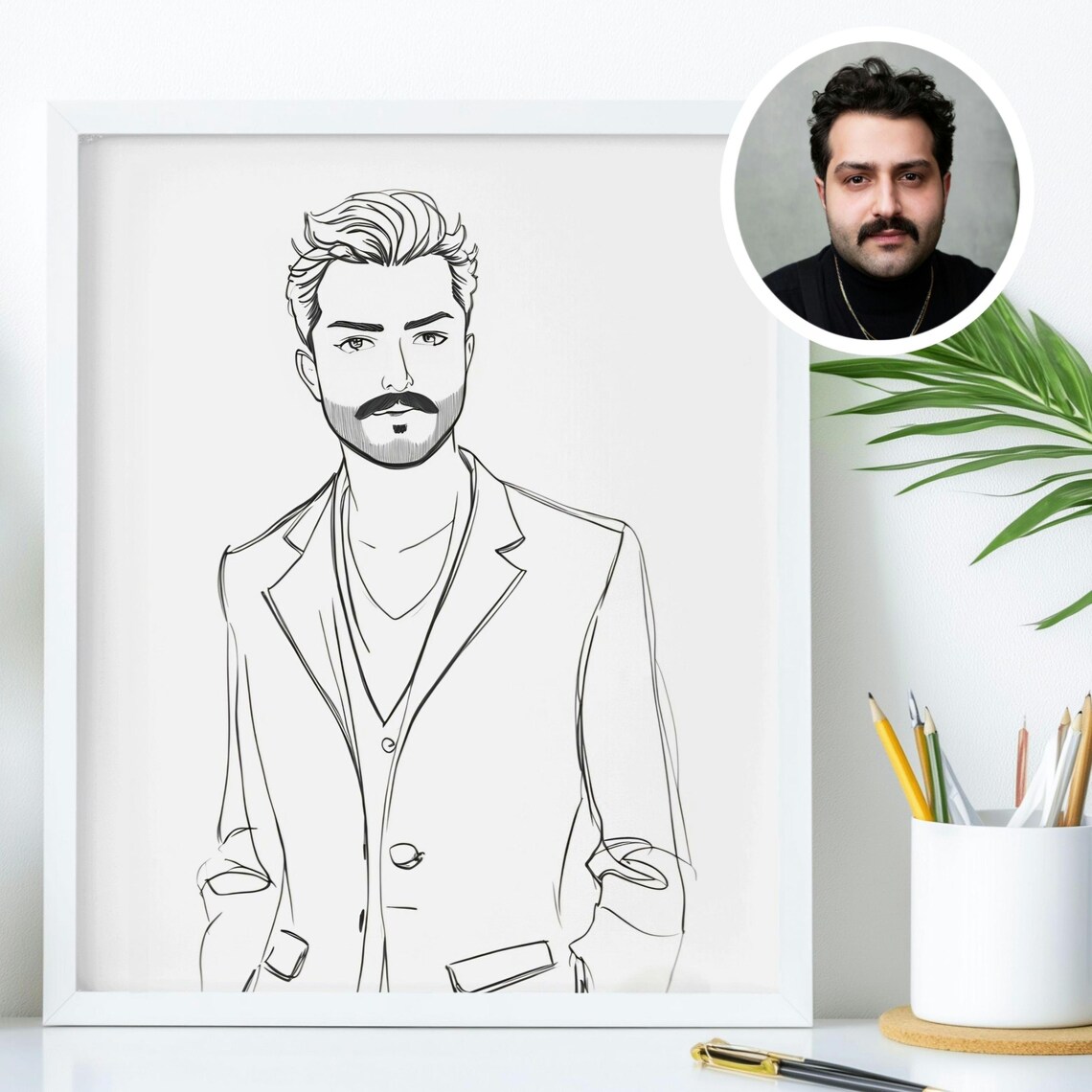 Minimalist Black Line Drawing Portrait Of Man From Photo Poster