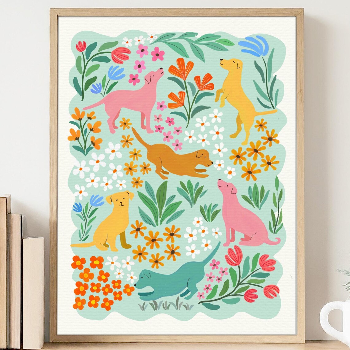 Dogs In The Garden Art Print, Nursery Kids Decor