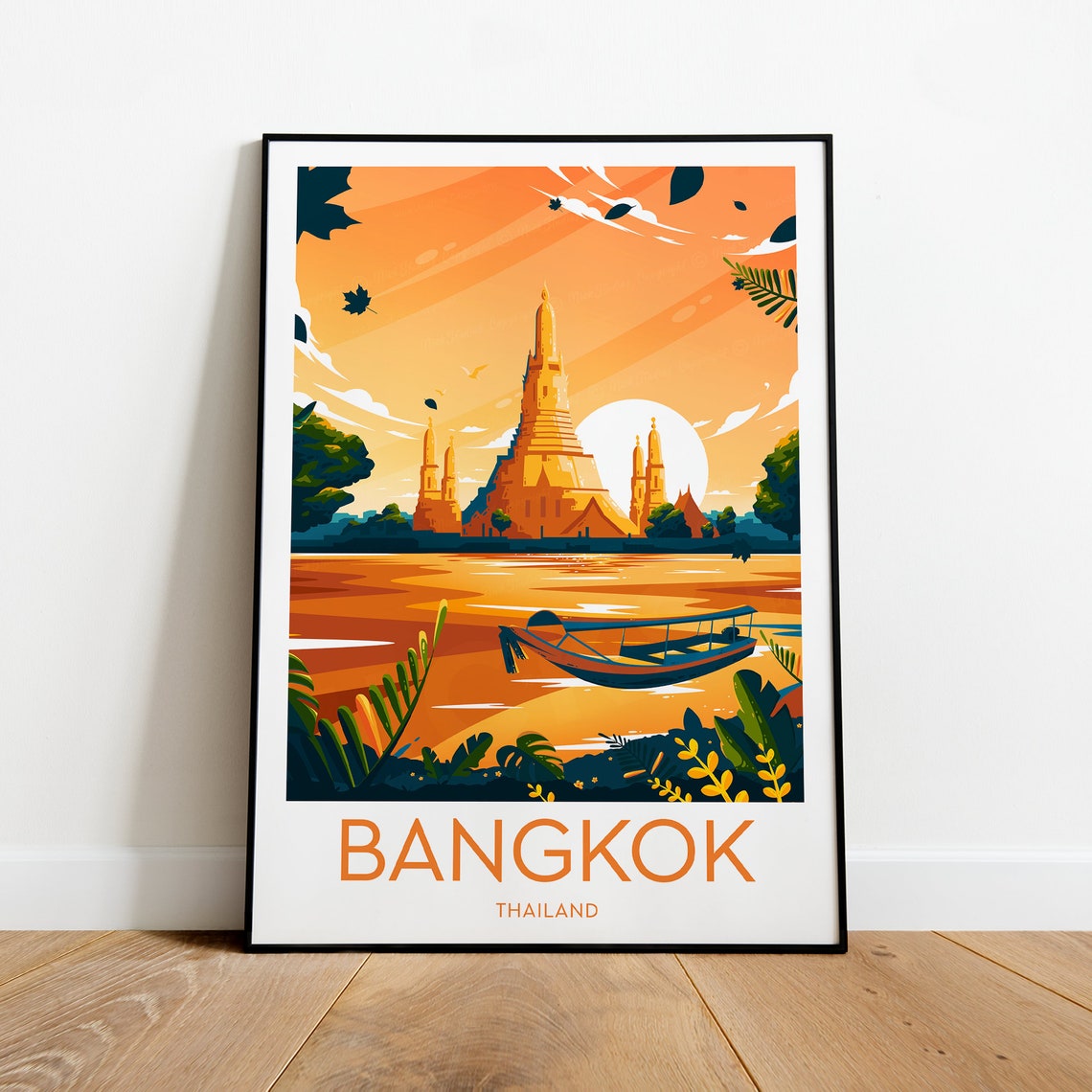 Bangkok Sunset Travel Poster with Wat Arun Temple and River Boat