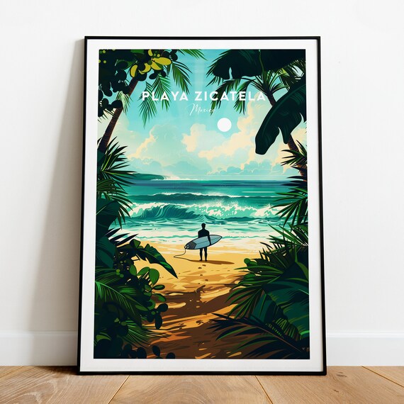Playa Zicatela Mexico Surfer Beach Palm Fringed Travel Art Poster