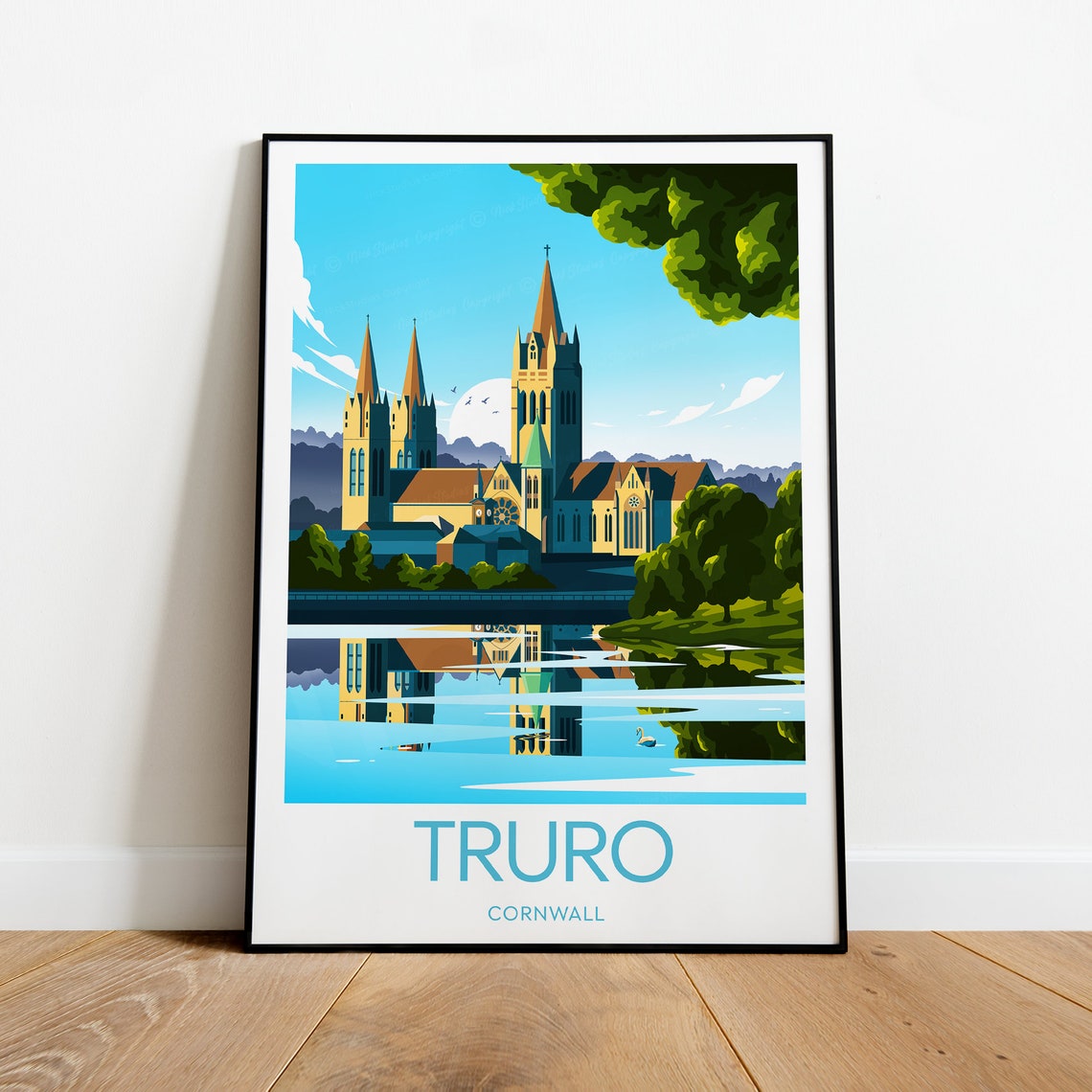 Truro Cornwall Cathedral Twin Spires River Reflection Travel Poster
