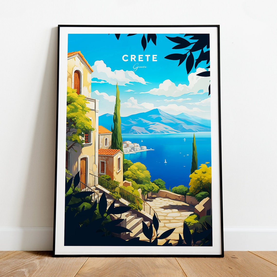 Crete Greece Coastal Town Cypress Azure Sea Sunny Travel Poster - Image 2