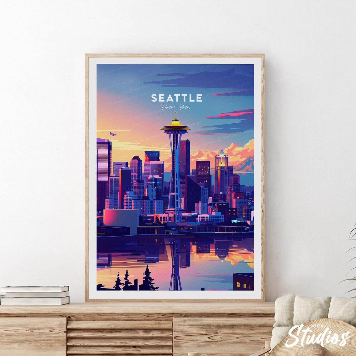 Seattle United States Space Needle Sunset Traditional Travel Poster