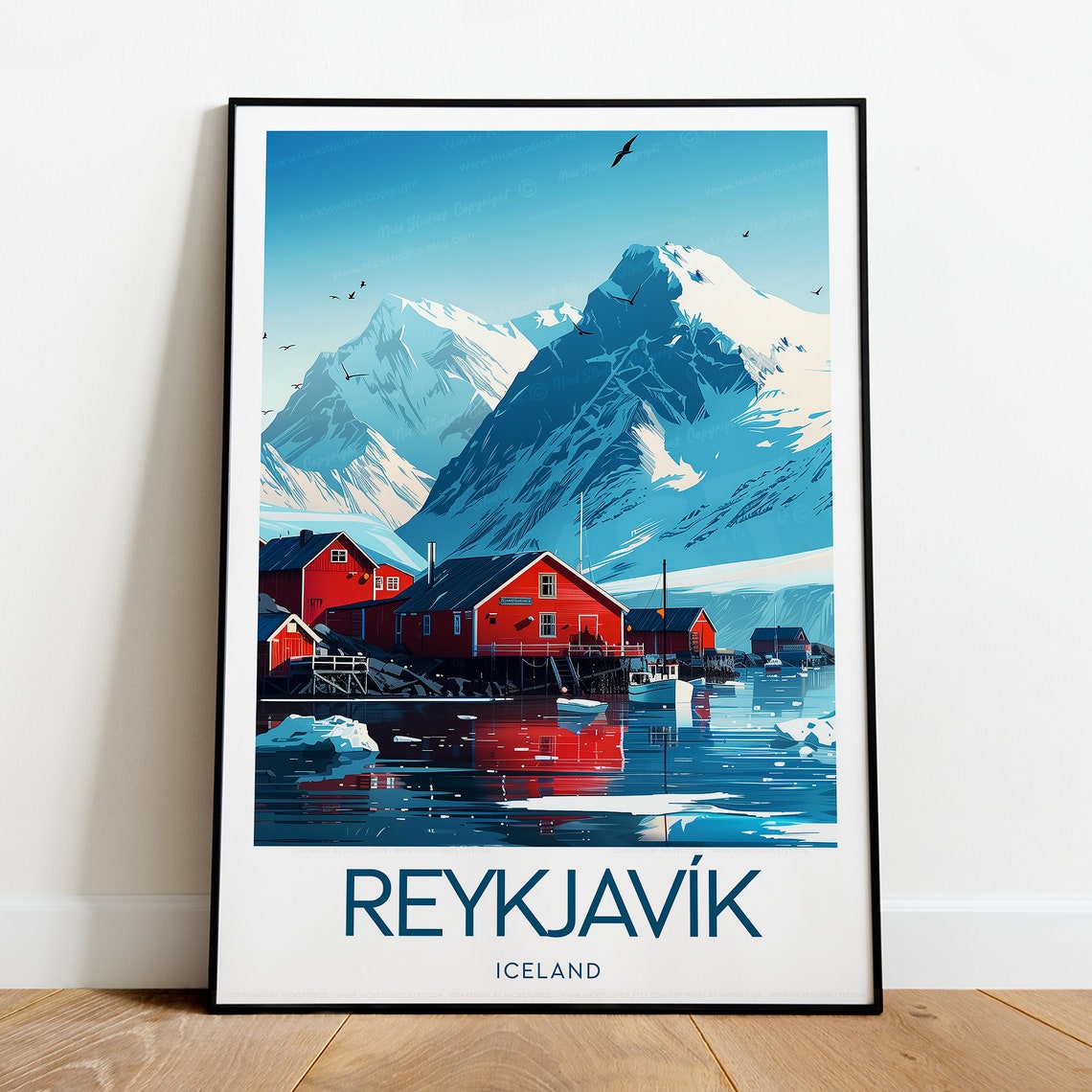 Reykjavik Iceland Red Cabins Beneath Snowy Peaks Harbor Poster