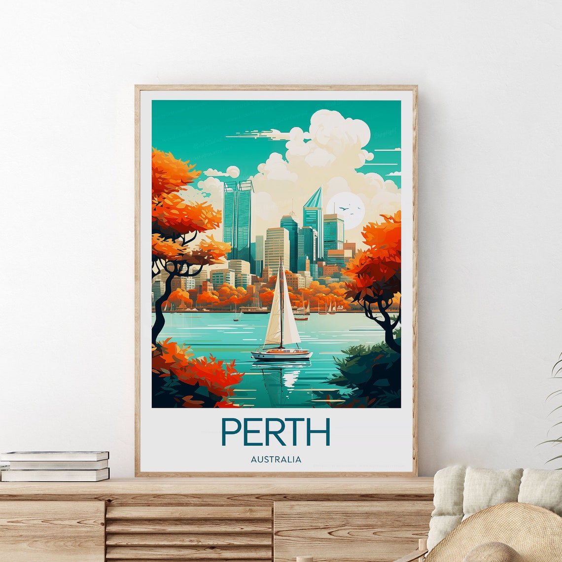 Perth Australia City Skyline Autumn Trees Swan River Sailboat Poster - Image 2