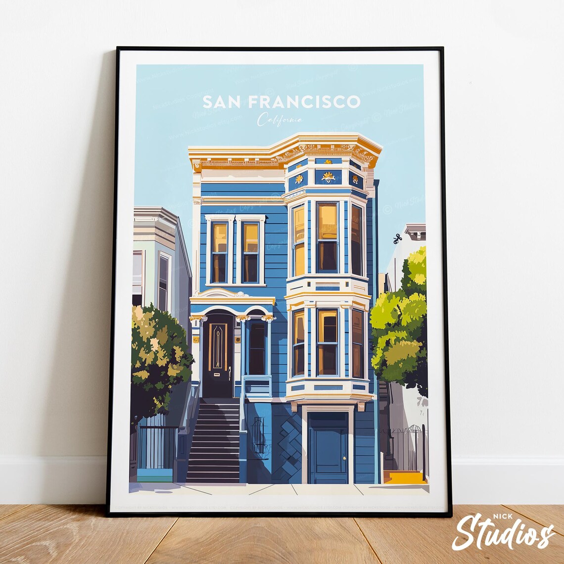 San Francisco Victorian Mansion Retro House California Travel Poster