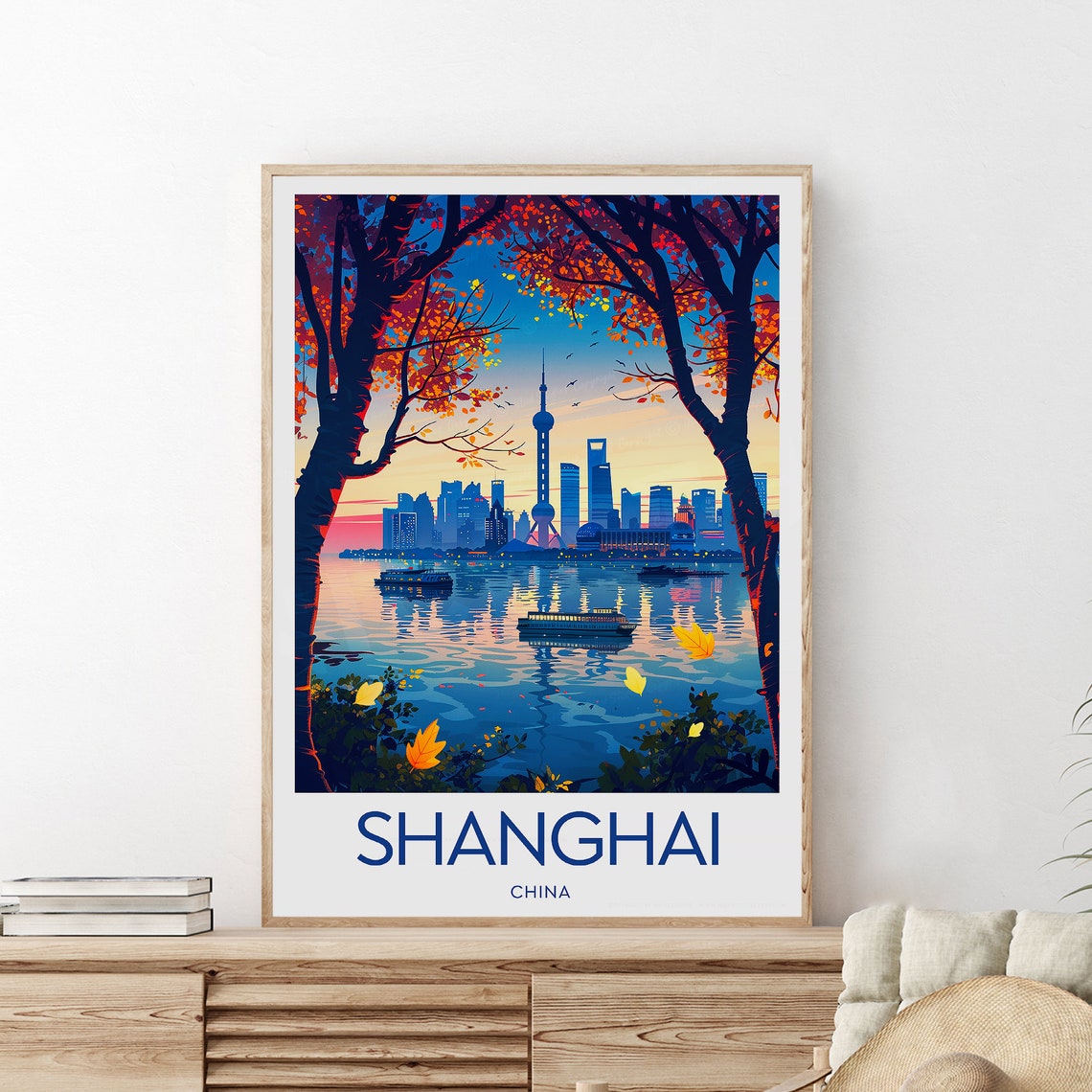 Shanghai China Skyline River Sunset Pearl Tower Travel Poster