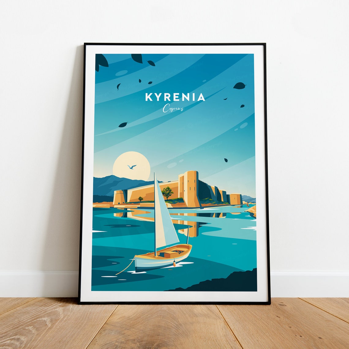 Kyrenia Cyprus Sailboat Harbor Ancient Castle Coast Travel Poster