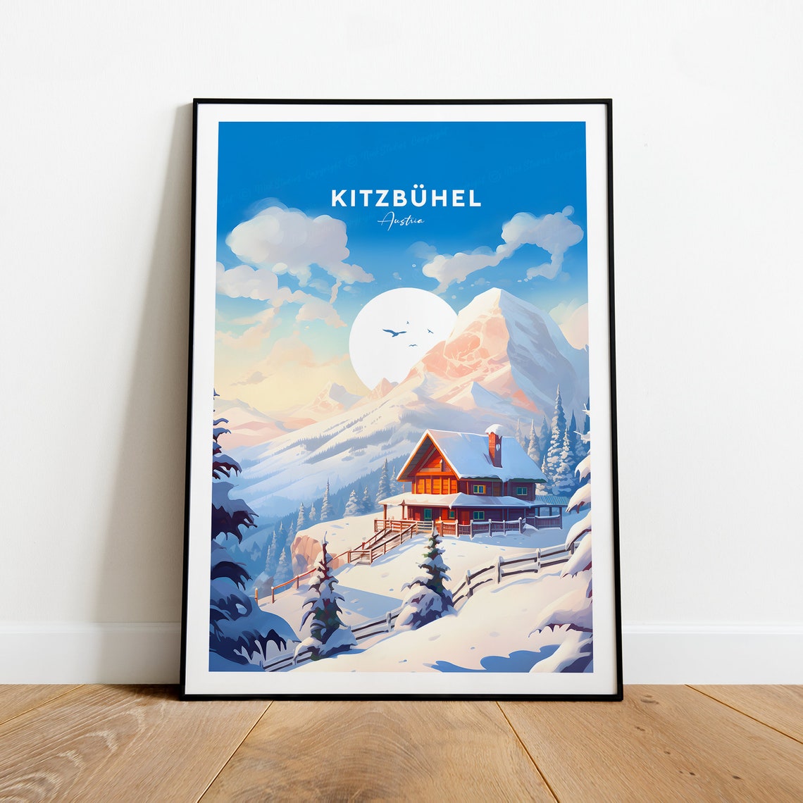 Kitzbuehel Austria Alpine Chalet Snowy Peak Moon Travel Poster - Image 2