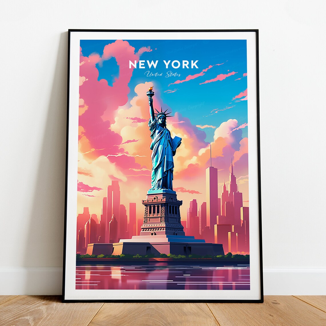New York Statue of Liberty Pink Sunset Skyline City Travel Poster - Image 2