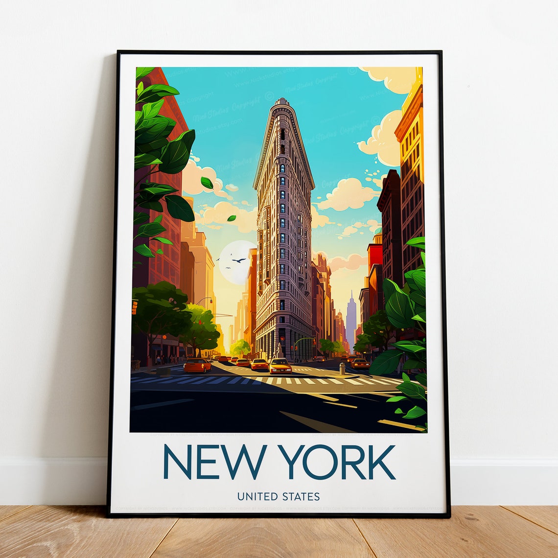New York Iconic Flatiron Building with Yellow Cabs Street Poster - Image 2
