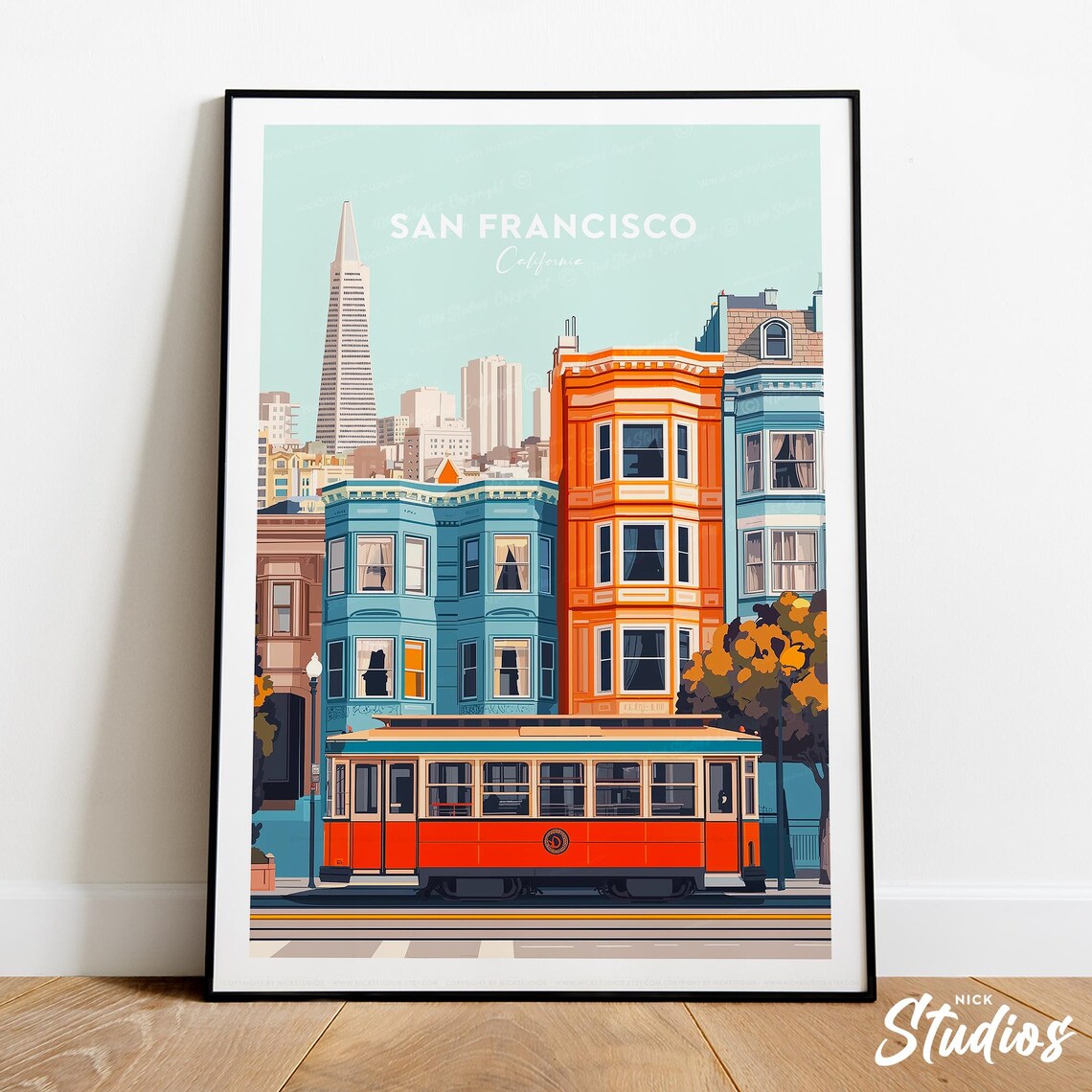 San Francisco Retro Cable Car Street Scene California Travel Poster