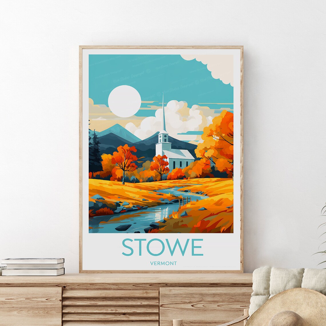 Stowe Vermont White Church Steeple Autumn Foliage Travel Poster - Image 2