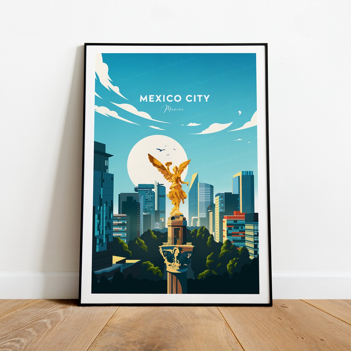Mexico City Angel of Independence Monument Skyline Travel Poster